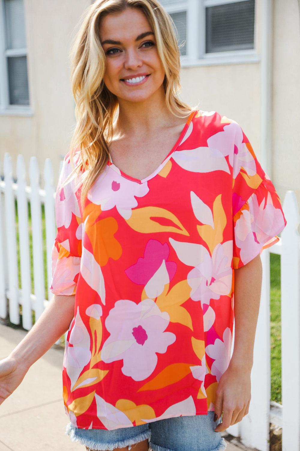Tropical Vibes Peach Floral Dolman Ruffle Frill Sleeve Blouse | Nikki &amp; Co. Boutique