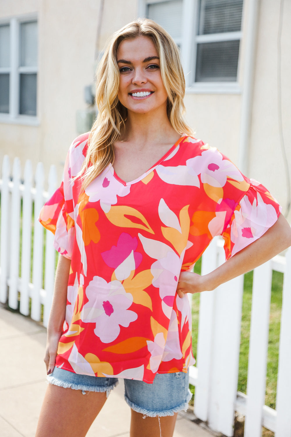 Tropical Vibes Peach Floral Dolman Ruffle Frill Sleeve Blouse | Nikki &amp; Co. Boutique
