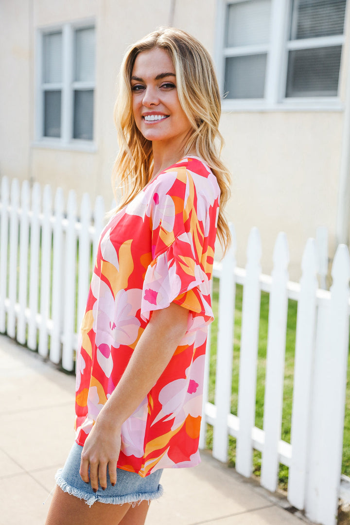 Tropical Vibes Peach Floral Dolman Ruffle Frill Sleeve Blouse | Nikki &amp; Co. Boutique