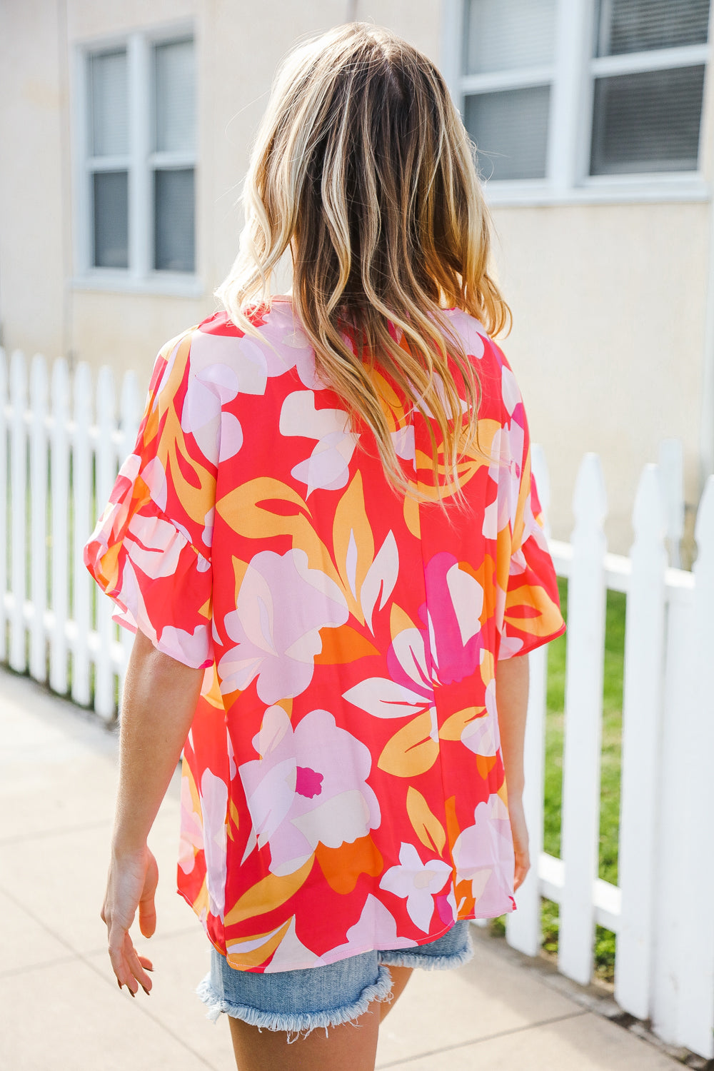 Tropical Vibes Peach Floral Dolman Ruffle Frill Sleeve Blouse | Nikki &amp; Co. Boutique