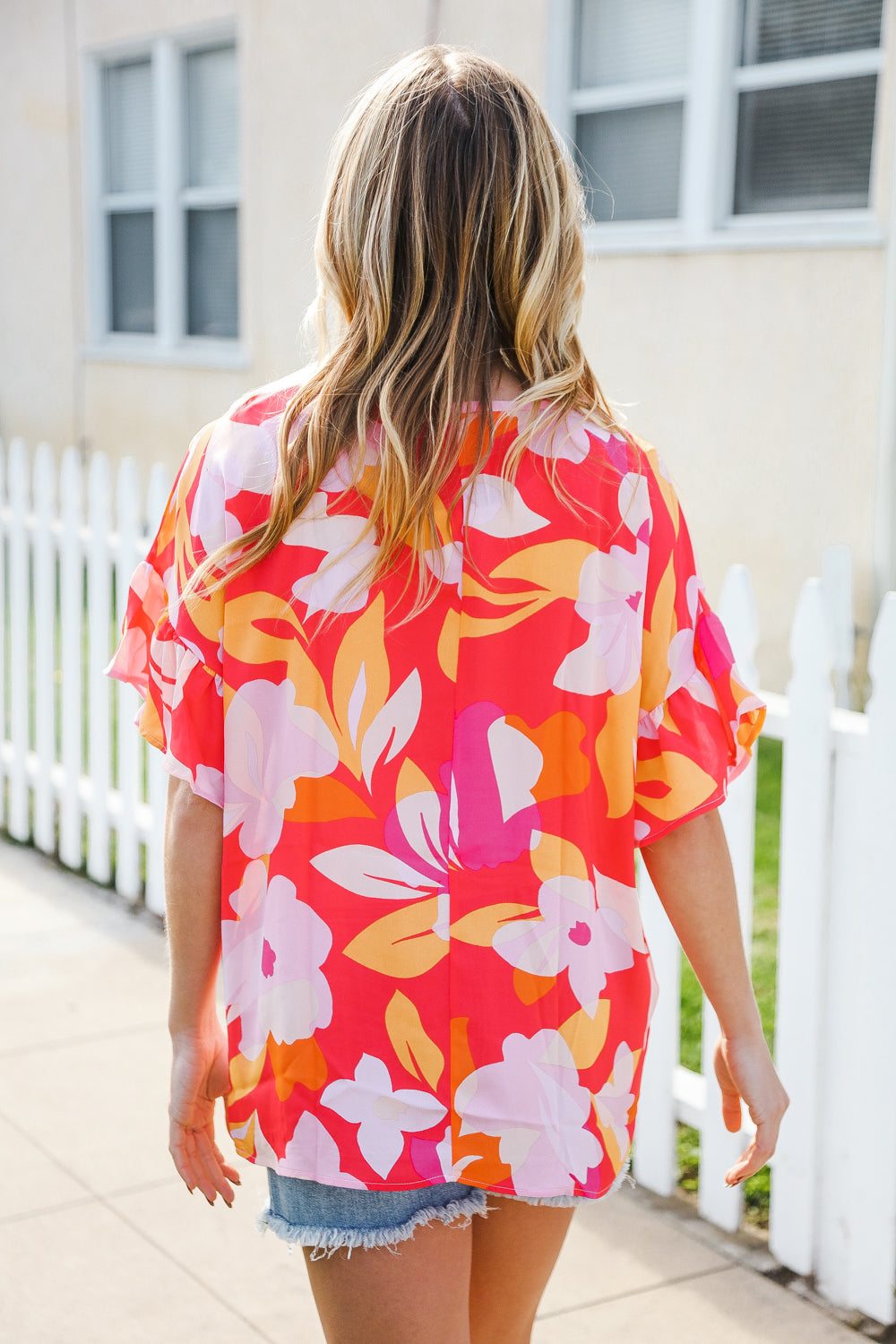 Tropical Vibes Peach Floral Dolman Ruffle Frill Sleeve Blouse | Nikki &amp; Co. Boutique
