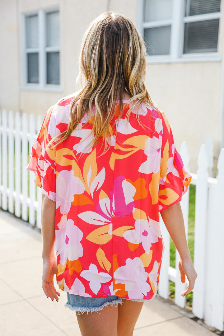 Tropical Vibes Peach Floral Dolman Ruffle Frill Sleeve Blouse | Nikki &amp; Co. Boutique