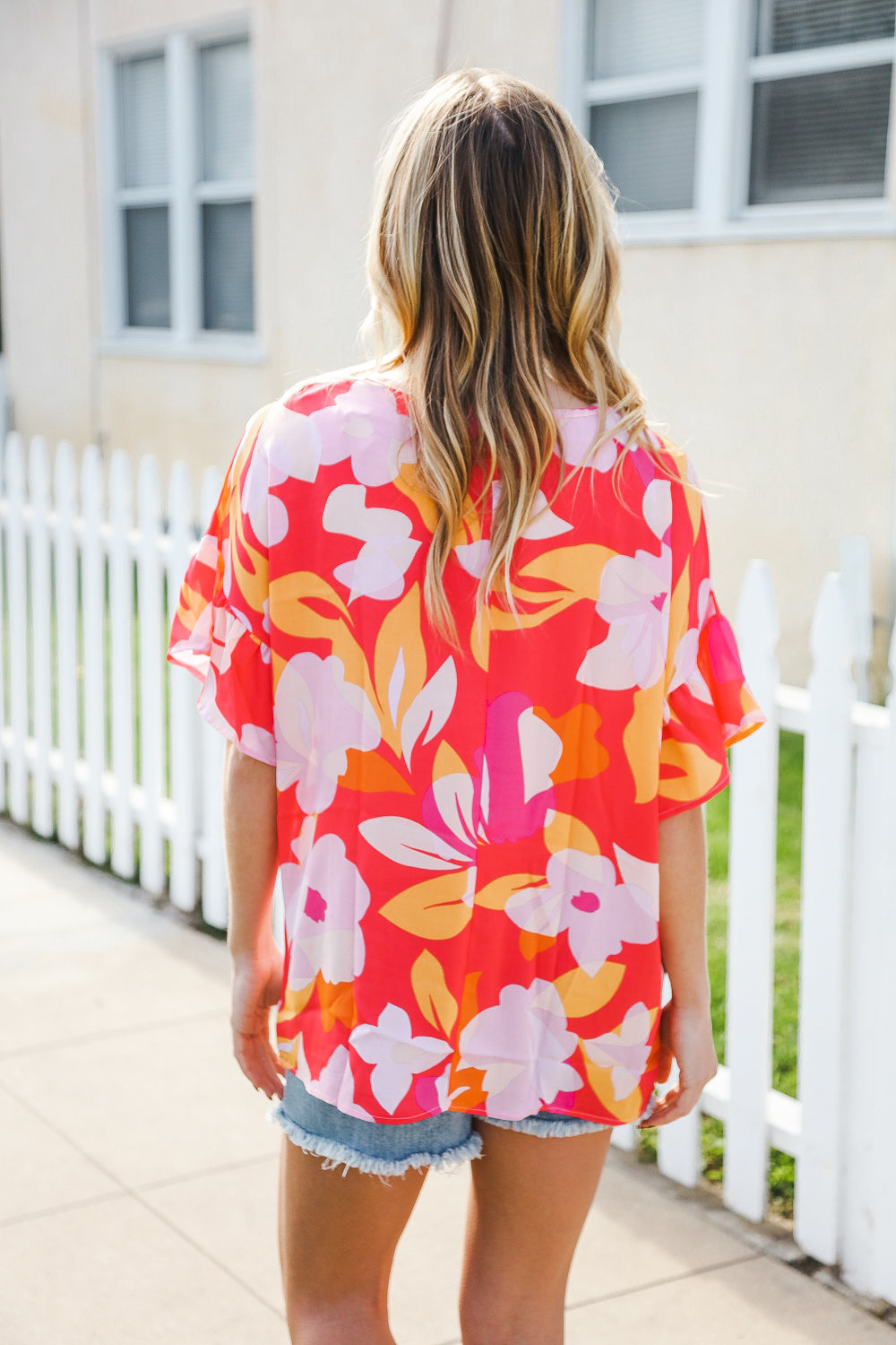 Tropical Vibes Peach Floral Dolman Ruffle Frill Sleeve Blouse | Nikki &amp; Co. Boutique