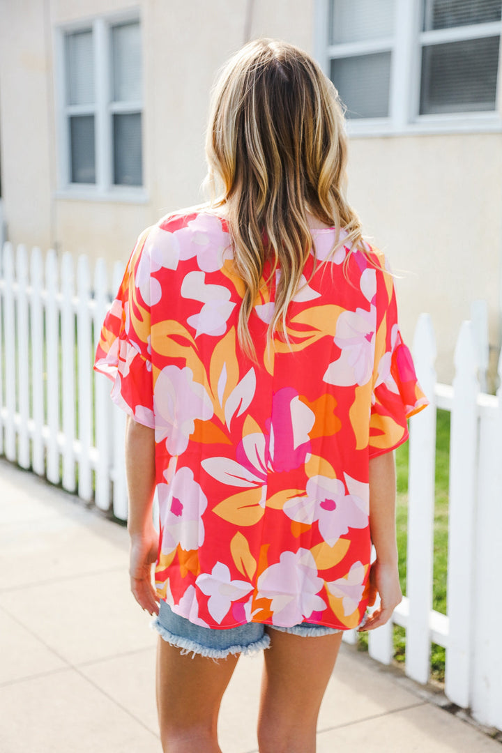 Tropical Vibes Peach Floral Dolman Ruffle Frill Sleeve Blouse | Nikki &amp; Co. Boutique