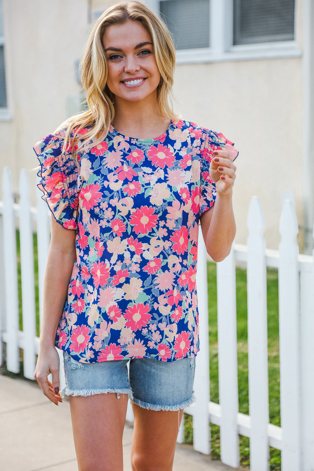 Vacay Ready Blue &amp; Fuchsia Floral Smocked Ruffle Sleeve Tops | Nikki &amp; Co. Boutique