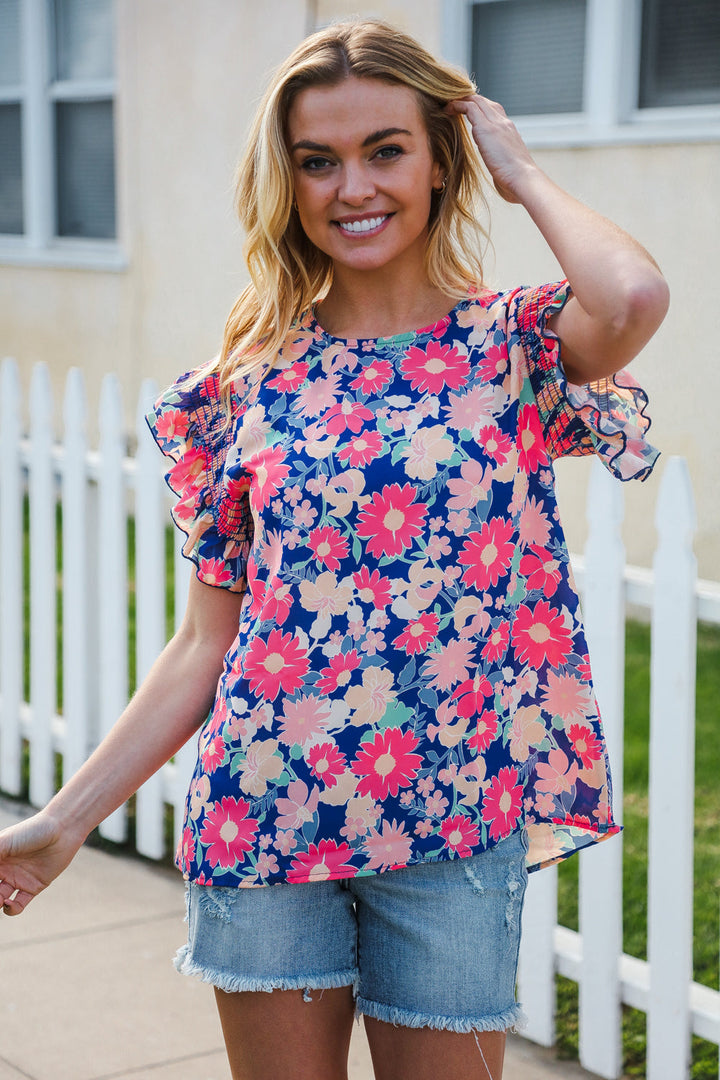 Vacay Ready Blue &amp; Fuchsia Floral Smocked Ruffle Sleeve Tops | Nikki &amp; Co. Boutique