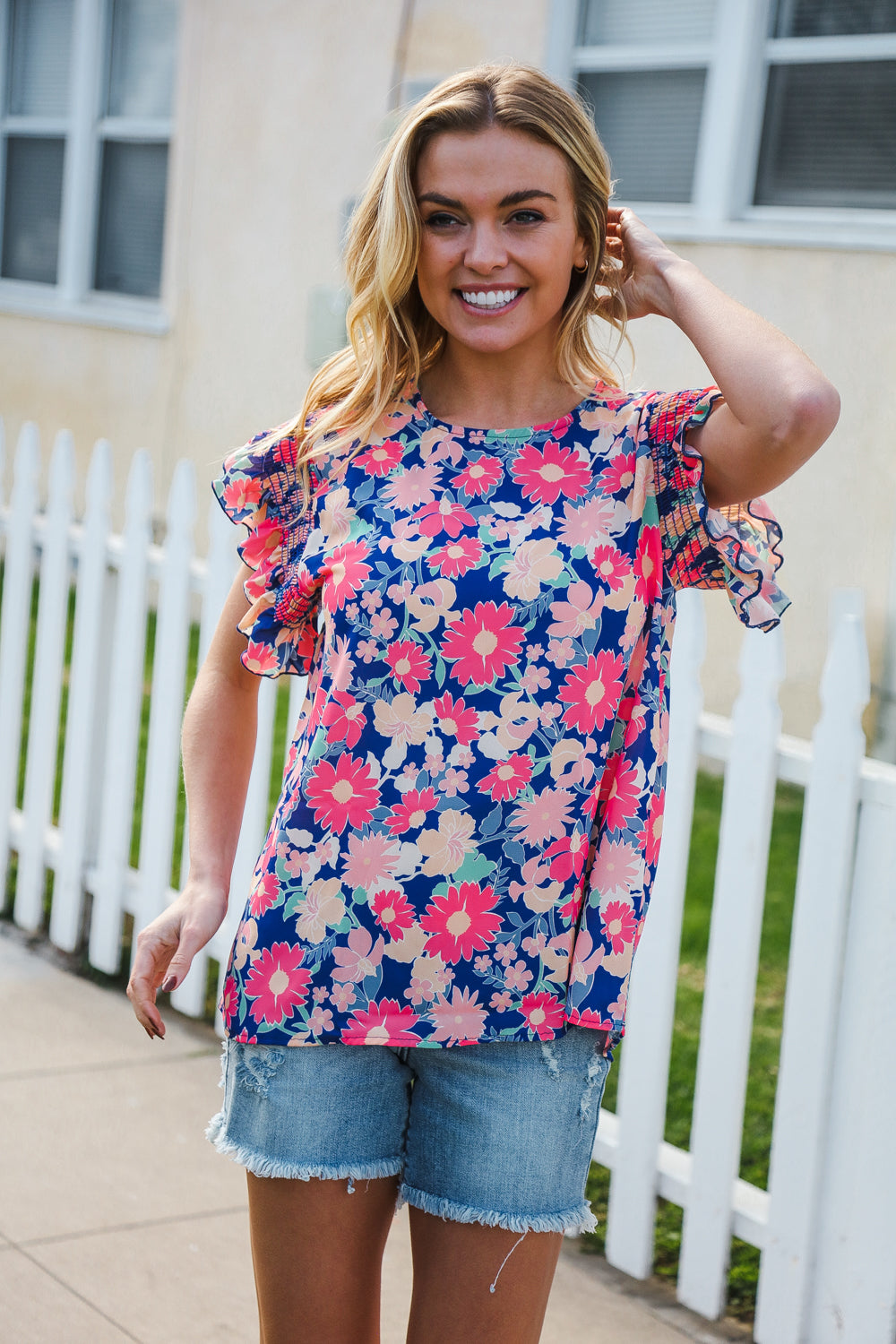 Vacay Ready Blue &amp; Fuchsia Floral Smocked Ruffle Sleeve Tops | Nikki &amp; Co. Boutique