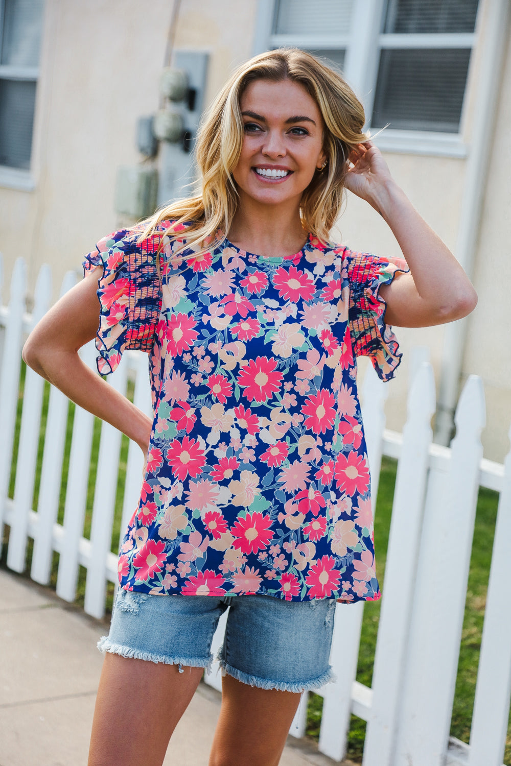 Vacay Ready Blue &amp; Fuchsia Floral Smocked Ruffle Sleeve Tops | Nikki &amp; Co. Boutique