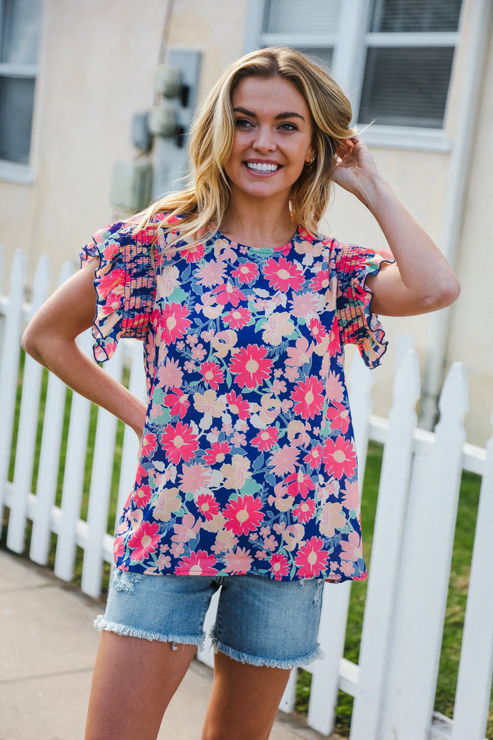 Vacay Ready Blue &amp; Fuchsia Floral Smocked Ruffle Sleeve Tops | Nikki &amp; Co. Boutique