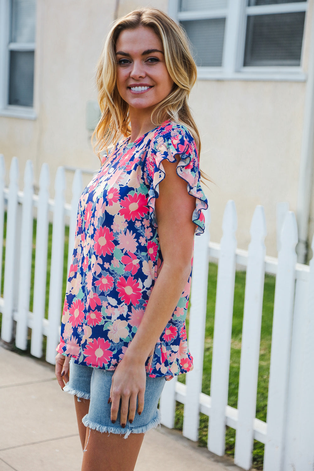 Vacay Ready Blue &amp; Fuchsia Floral Smocked Ruffle Sleeve Tops | Nikki &amp; Co. Boutique