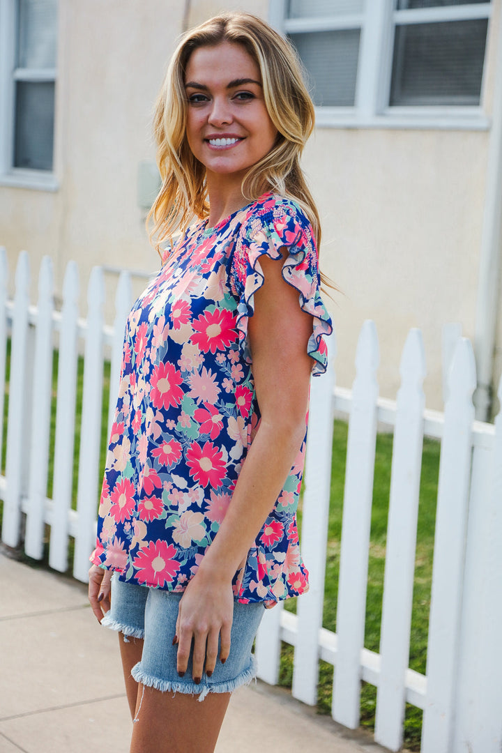 Vacay Ready Blue &amp; Fuchsia Floral Smocked Ruffle Sleeve Tops | Nikki &amp; Co. Boutique