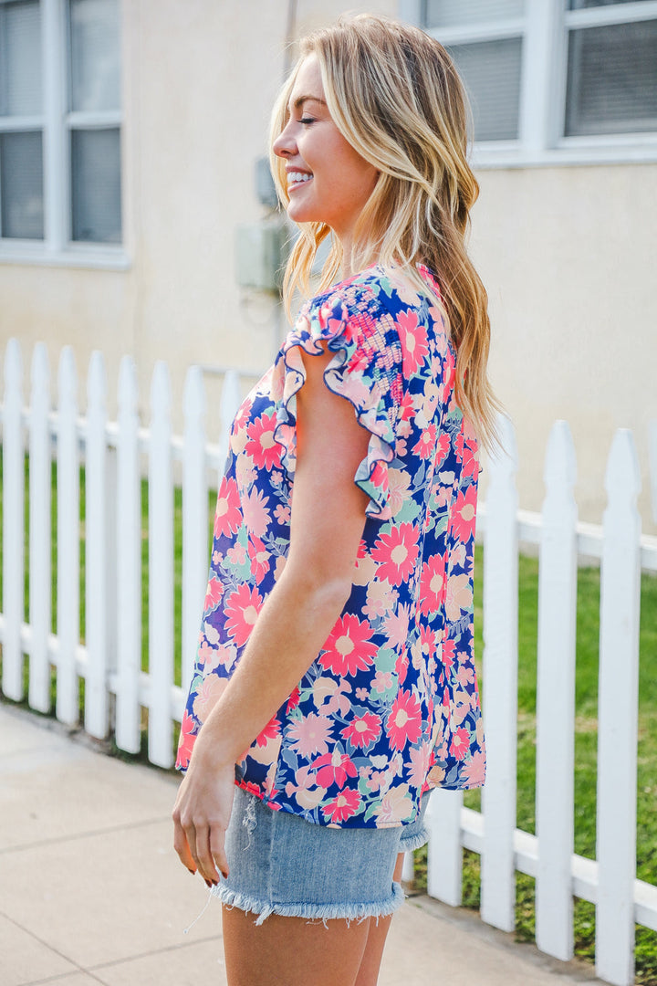 Vacay Ready Blue &amp; Fuchsia Floral Smocked Ruffle Sleeve Tops | Nikki &amp; Co. Boutique