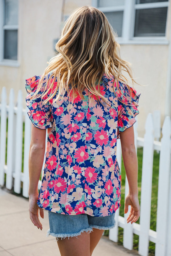 Vacay Ready Blue &amp; Fuchsia Floral Smocked Ruffle Sleeve Tops | Nikki &amp; Co. Boutique