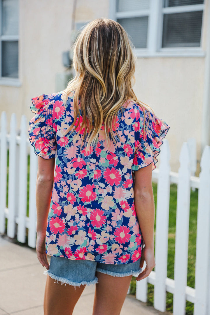 Vacay Ready Blue &amp; Fuchsia Floral Smocked Ruffle Sleeve Tops | Nikki &amp; Co. Boutique