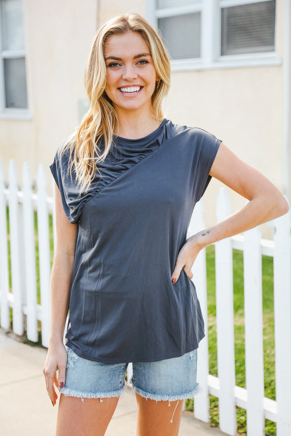 Charming In Charcoal Asymmetrical Shirred Modal Tops | Nikki &amp; Co. Boutique
