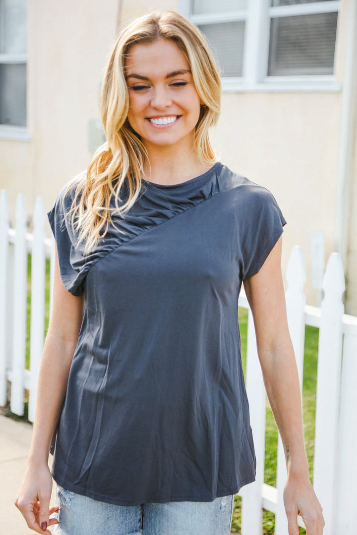 Charming In Charcoal Asymmetrical Shirred Modal Tops | Nikki &amp; Co. Boutique