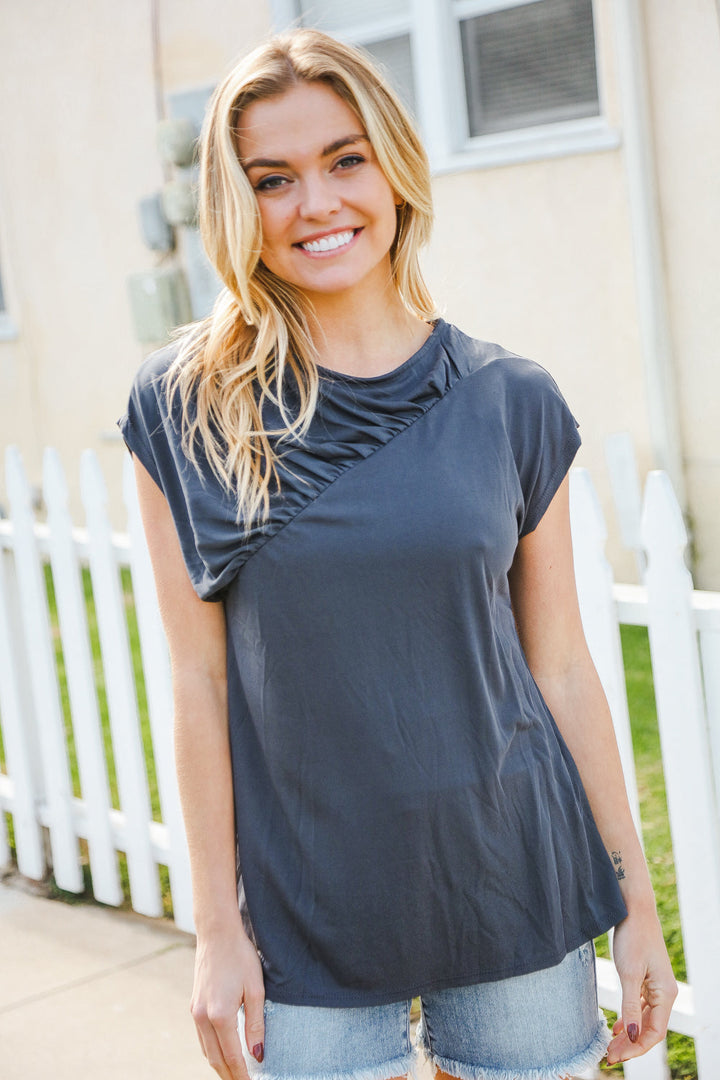 Charming In Charcoal Asymmetrical Shirred Modal Tops | Nikki &amp; Co. Boutique