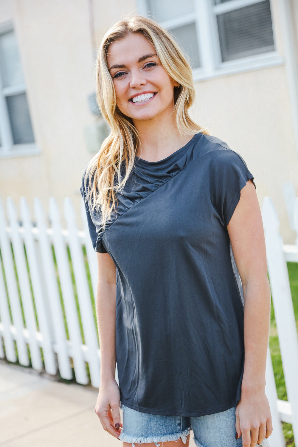 Charming In Charcoal Asymmetrical Shirred Modal Tops | Nikki &amp; Co. Boutique