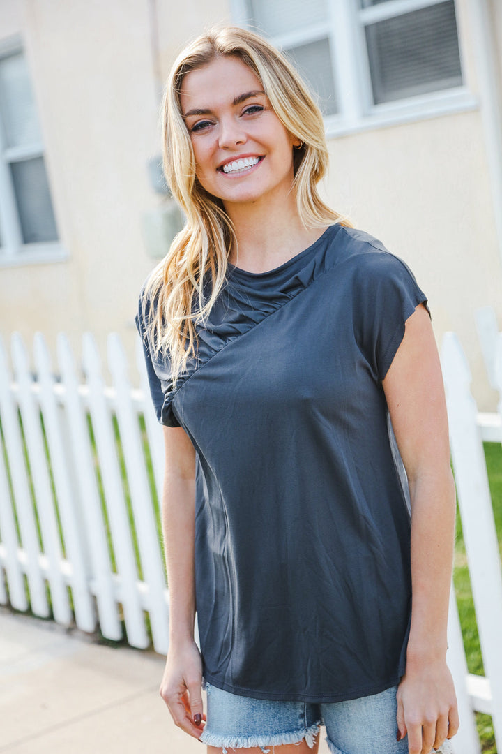 Charming In Charcoal Asymmetrical Shirred Modal Tops | Nikki &amp; Co. Boutique
