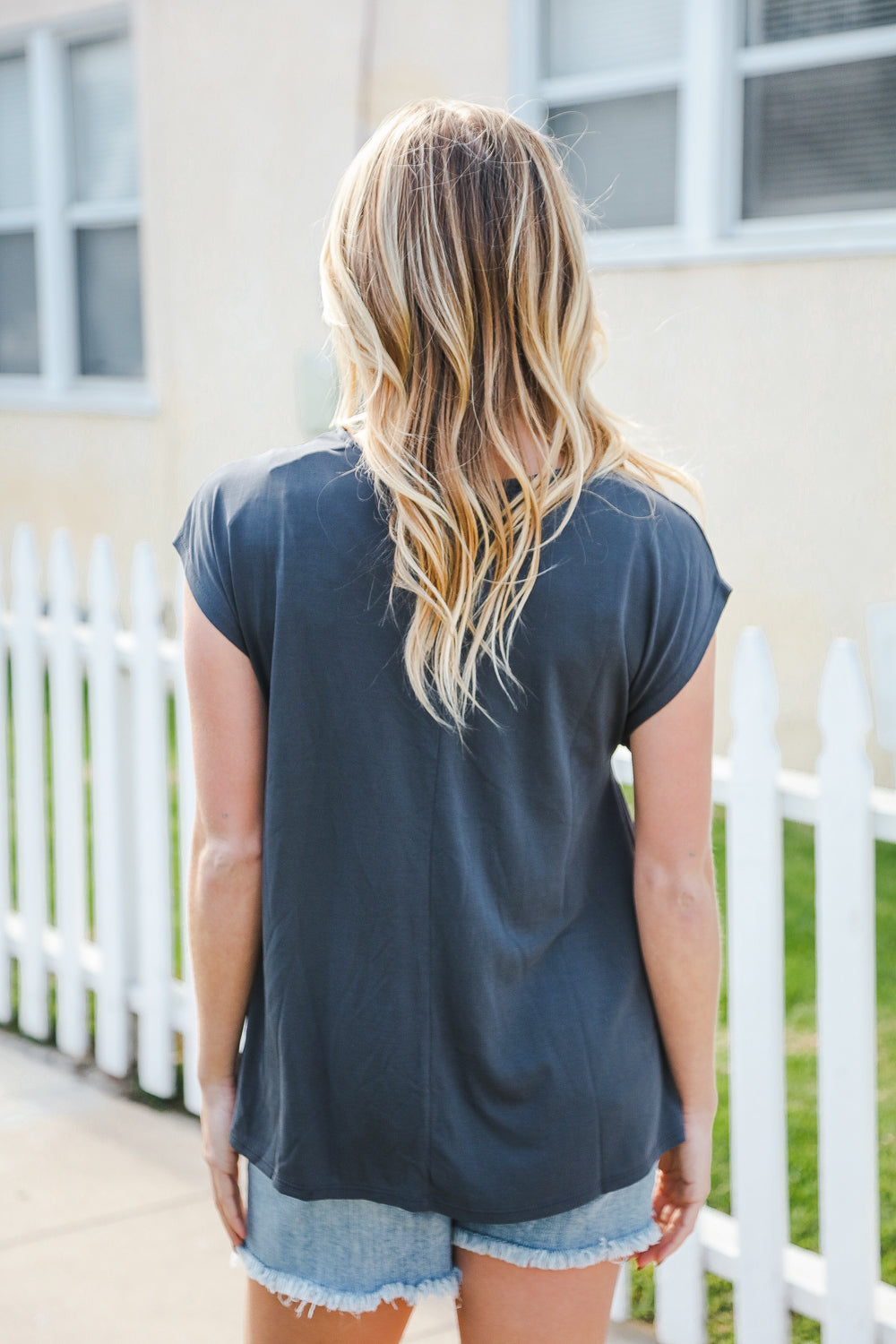 Charming In Charcoal Asymmetrical Shirred Modal Tops | Nikki &amp; Co. Boutique
