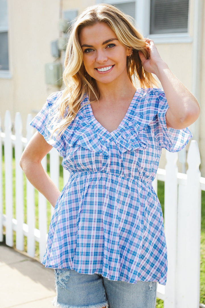 Hello Beautiful Blue Plaid V Neck Ruffle Elastic Babydoll Top | Nikki &amp; Co. Boutique