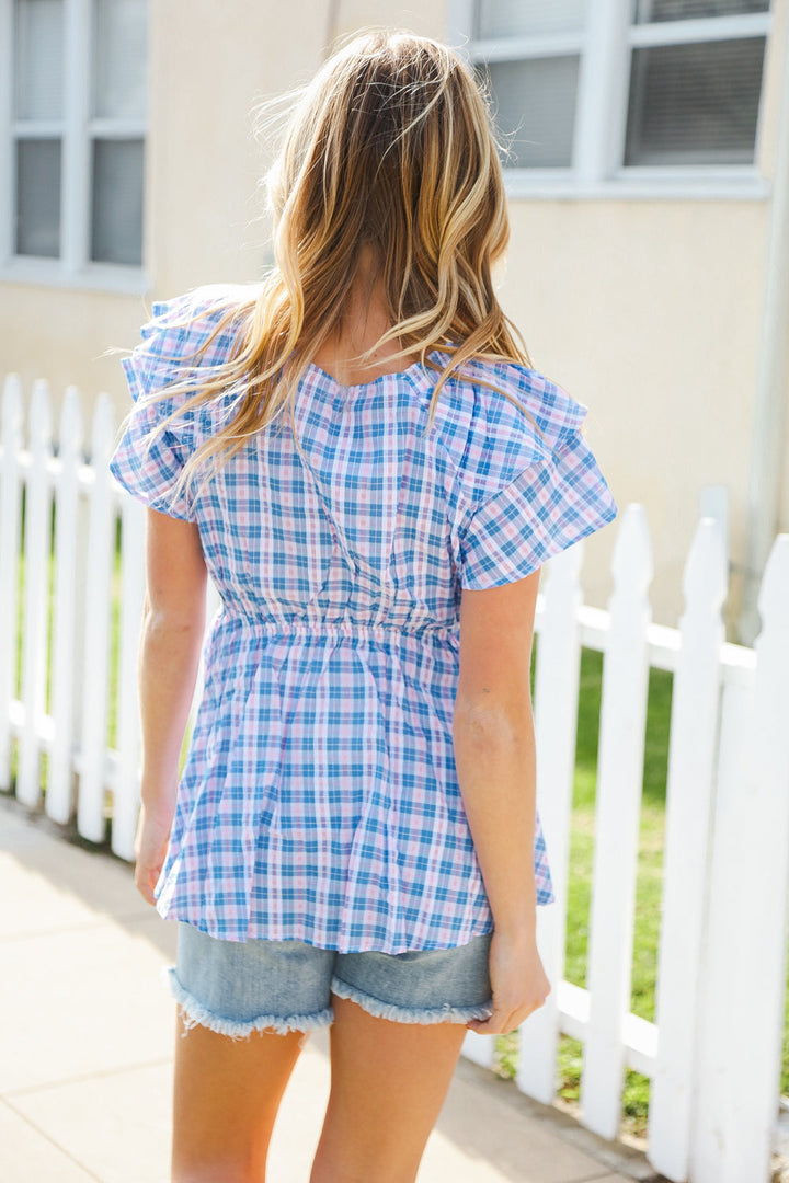 Hello Beautiful Blue Plaid V Neck Ruffle Elastic Babydoll Top | Nikki &amp; Co. Boutique