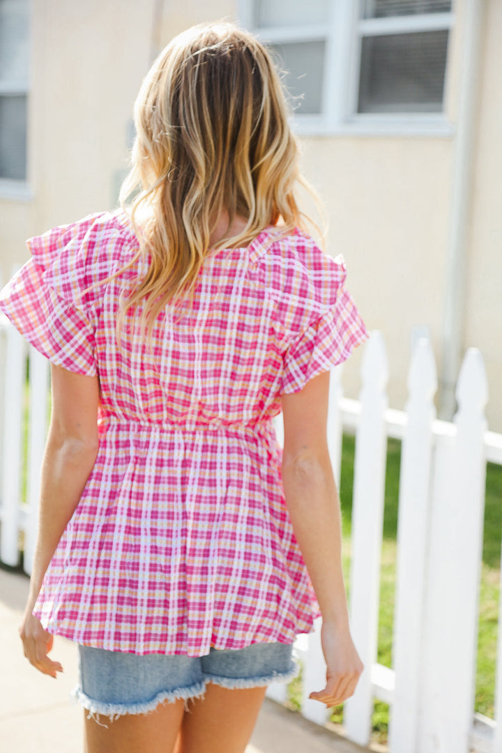 Hello Beautiful Fuchsia Plaid V Neck Ruffle Elastic Babydoll Tops | Nikki &amp; Co. Boutique