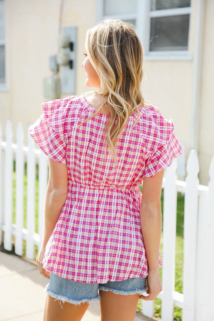 Hello Beautiful Fuchsia Plaid V Neck Ruffle Elastic Babydoll Tops | Nikki &amp; Co. Boutique