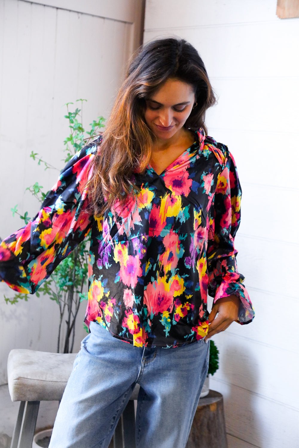 Bold and Blooming Bubble Sleeve Woven Blouse - Nikki and Co Boutique