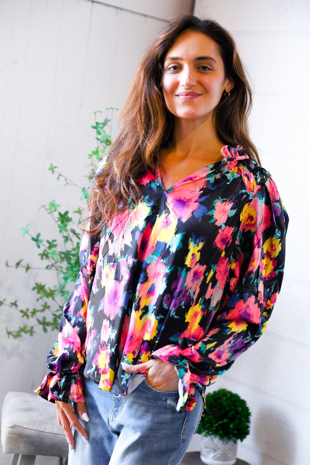 Bold and Blooming Bubble Sleeve Woven Blouse - Nikki and Co Boutique