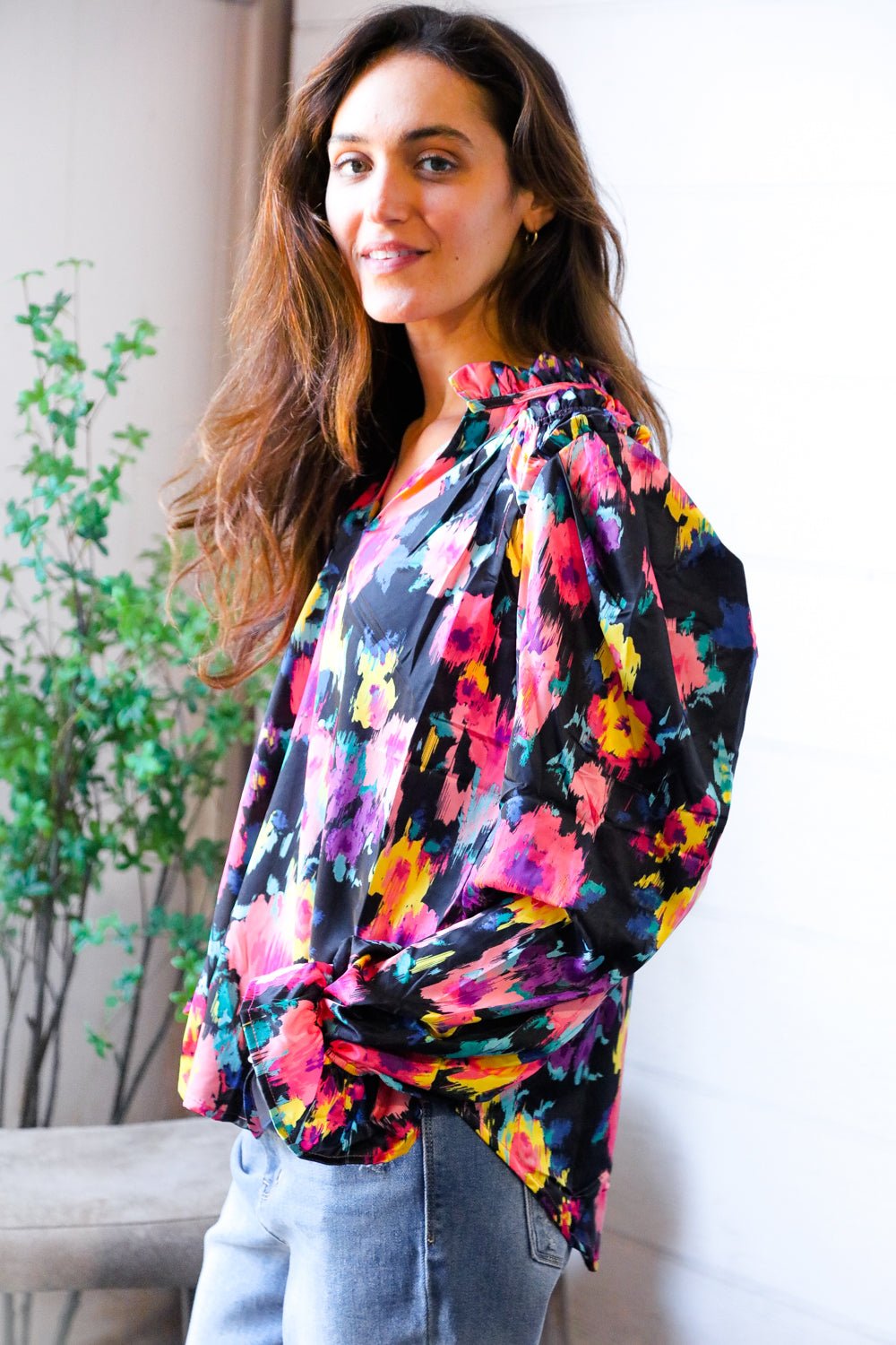 Bold and Blooming Bubble Sleeve Woven Blouse - Nikki and Co Boutique