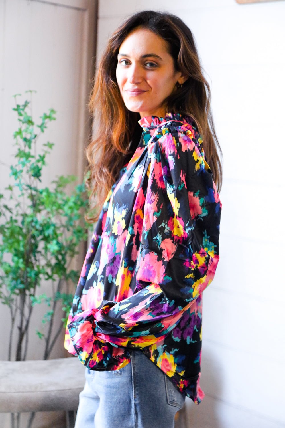 Bold and Blooming Bubble Sleeve Woven Blouse - Nikki and Co Boutique