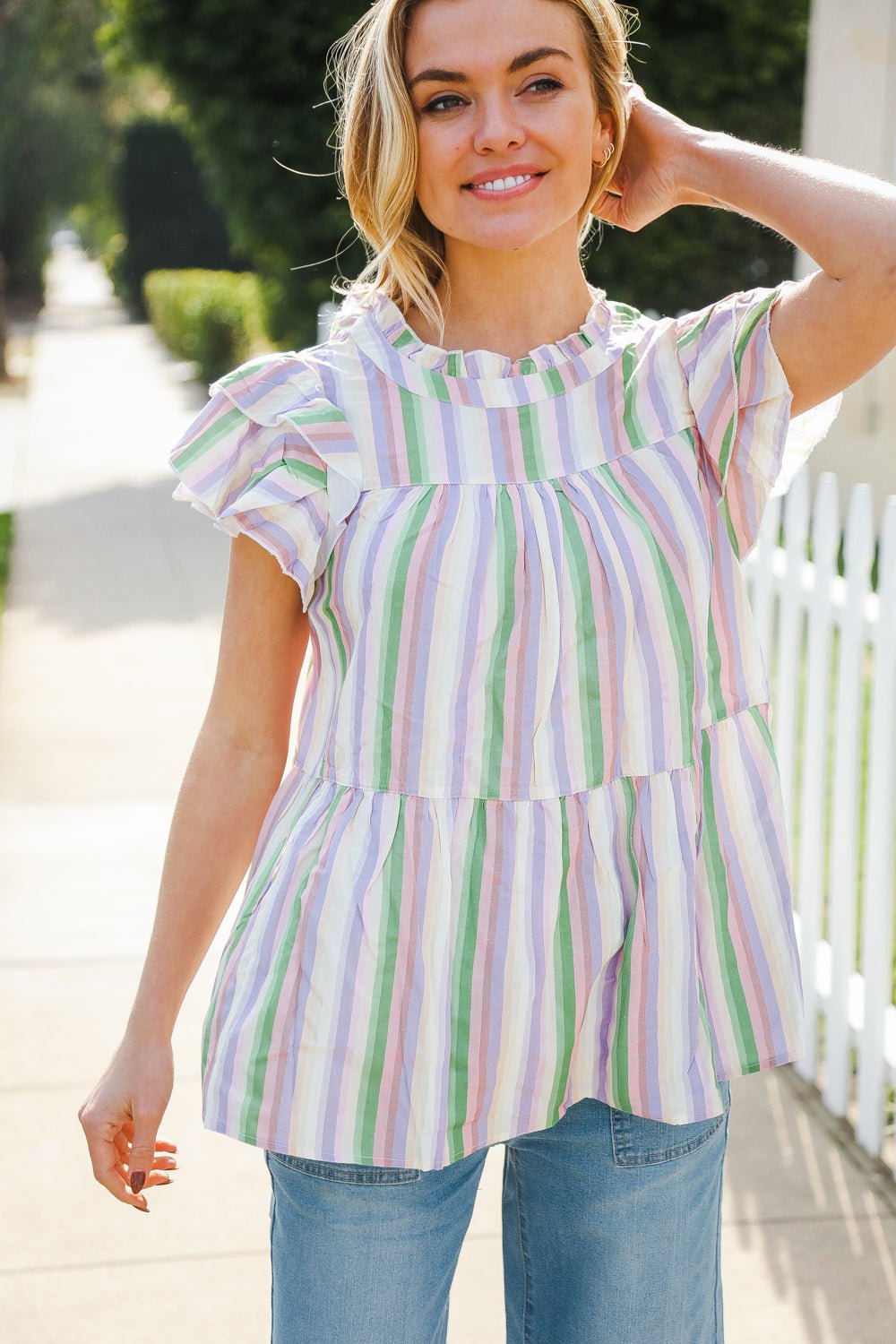 Easy To Love Lavender Stripe Double Ruffle Sleeve Tiered Tops - Nikki &amp; Co. Boutique
