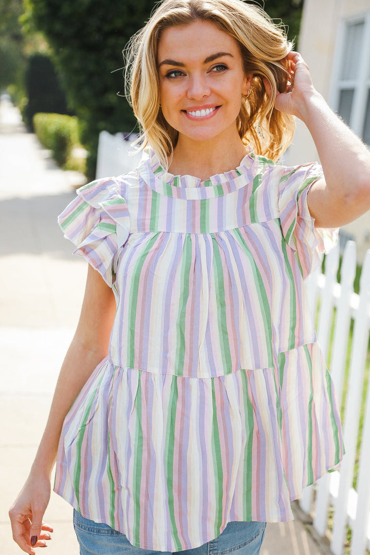 Easy To Love Lavender Stripe Double Ruffle Sleeve Tiered Tops - Nikki &amp; Co. Boutique