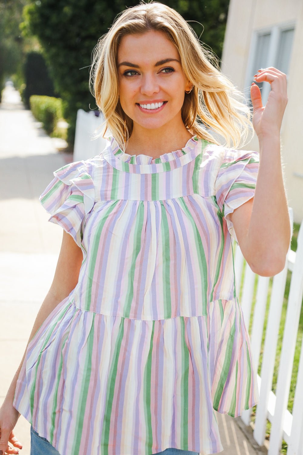 Easy To Love Lavender Stripe Double Ruffle Sleeve Tiered Tops - Nikki &amp; Co. Boutique