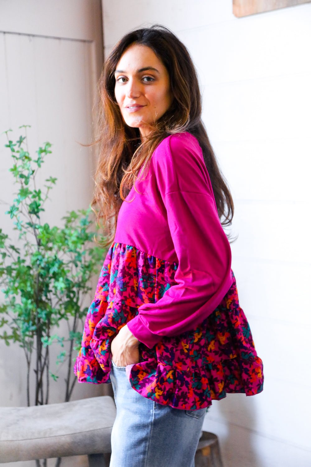 Fuchsia Fizz Drop Shoulder Babydoll Blouse - Nikki &amp; Co. Boutique