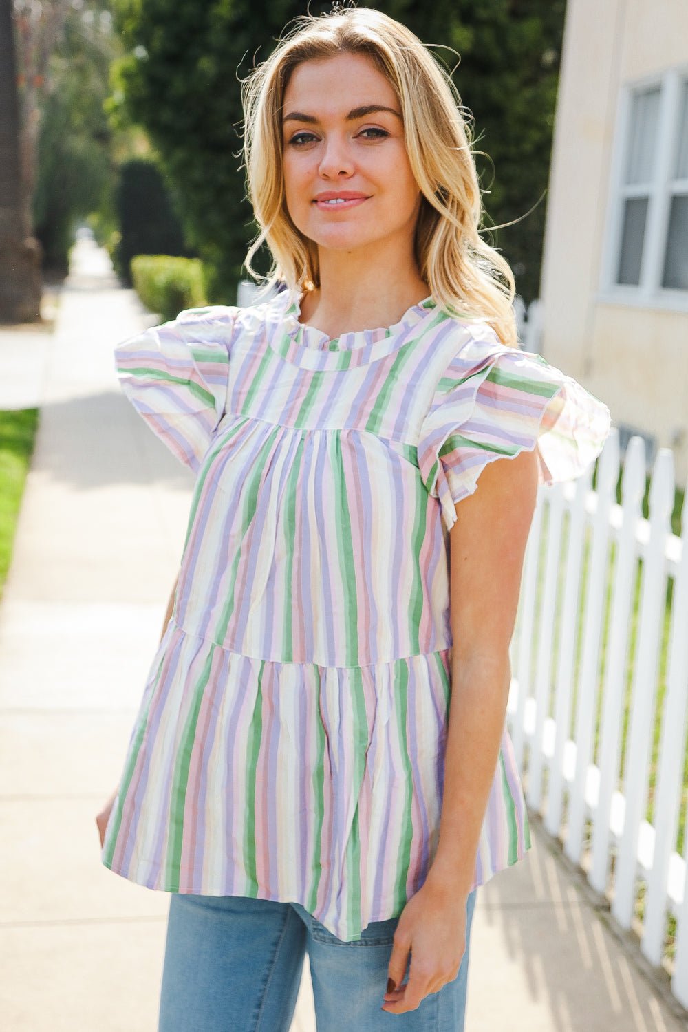 Easy To Love Lavender Stripe Double Ruffle Sleeve Tiered Tops - Nikki &amp; Co. Boutique