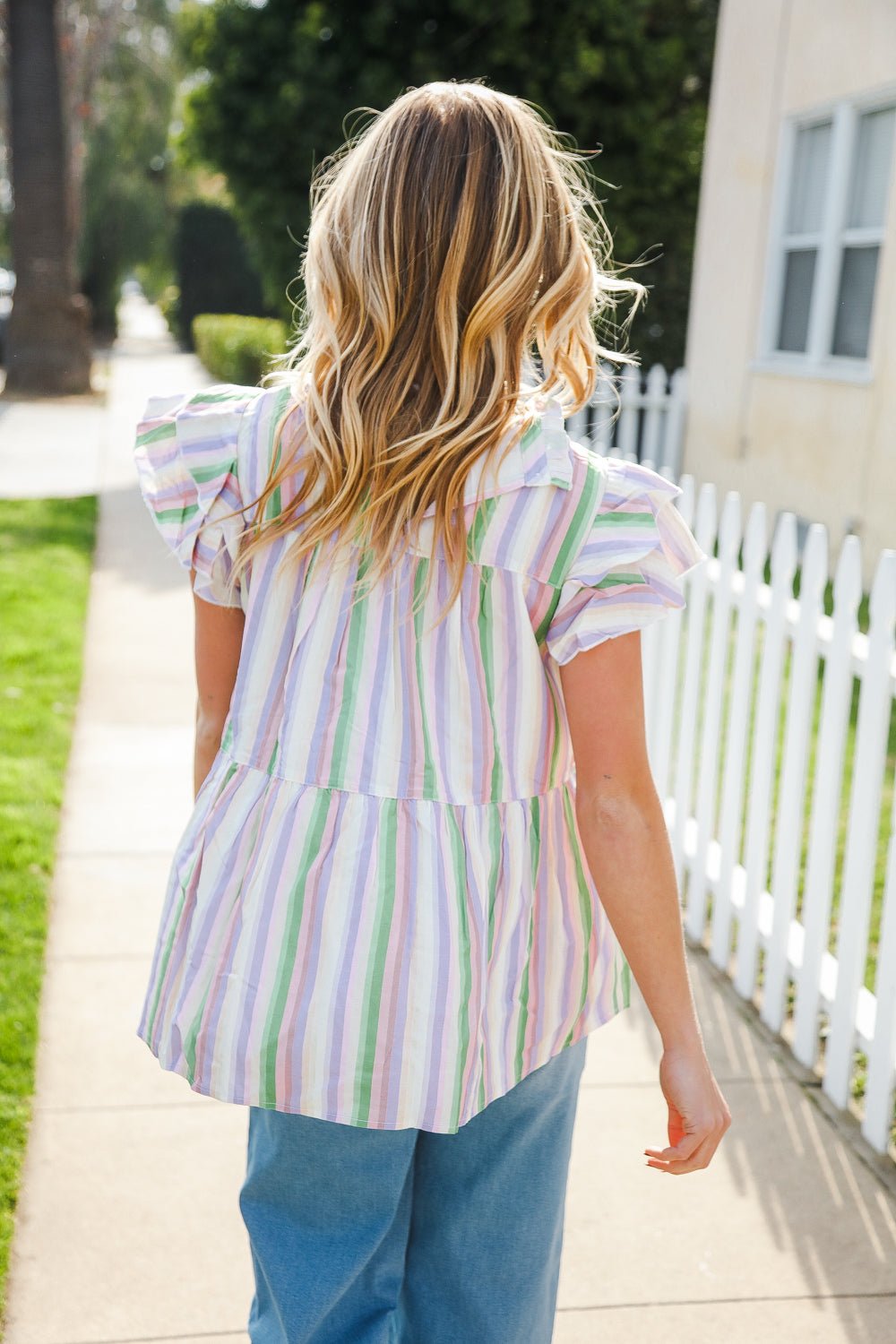 Easy To Love Lavender Stripe Double Ruffle Sleeve Tiered Tops - Nikki &amp; Co. Boutique