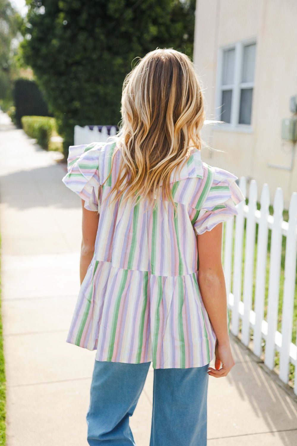 Easy To Love Lavender Stripe Double Ruffle Sleeve Tiered Tops - Nikki &amp; Co. Boutique