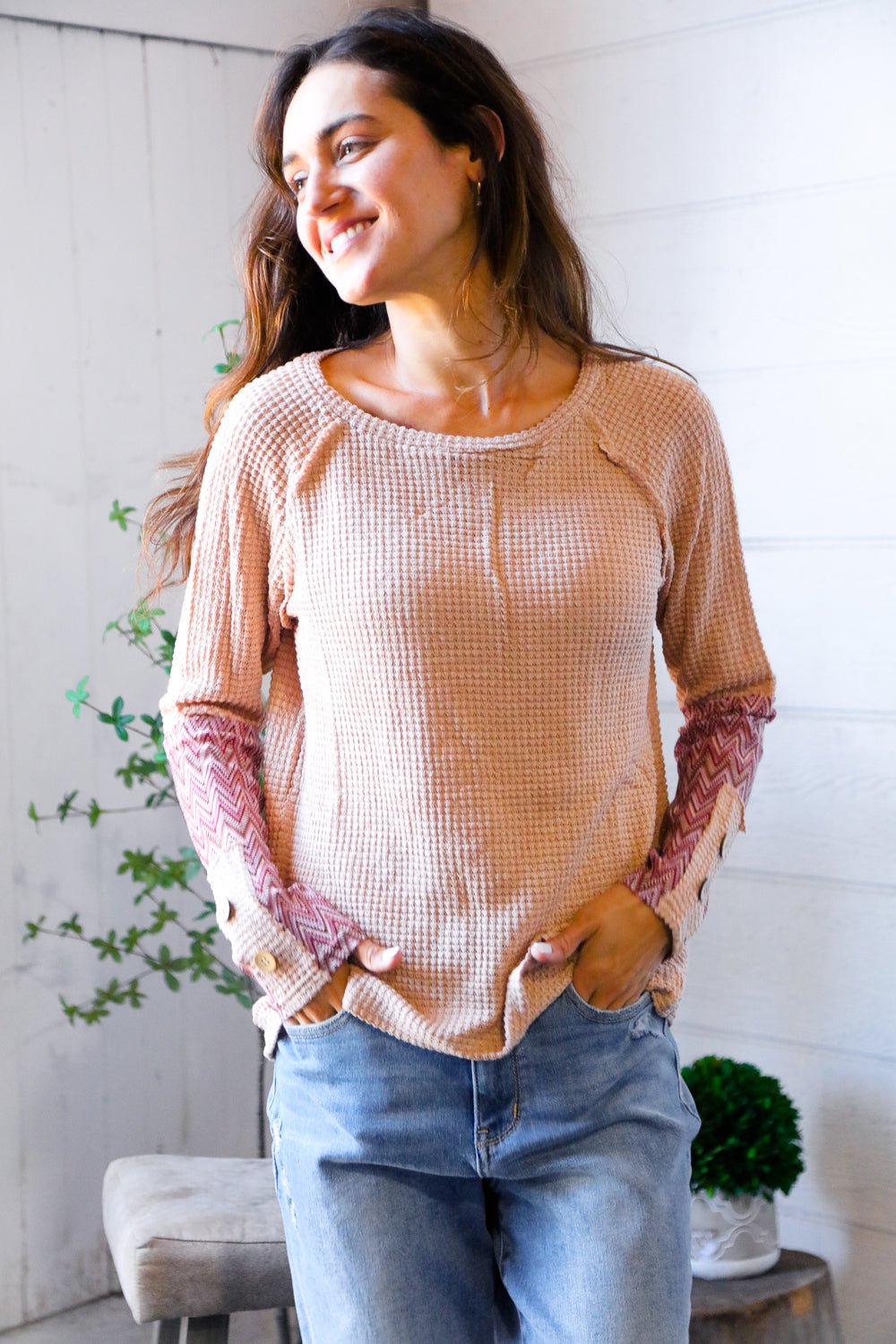 Zigzag Charm Blush Thermal Long Sleeve - Nikki and Co Boutique