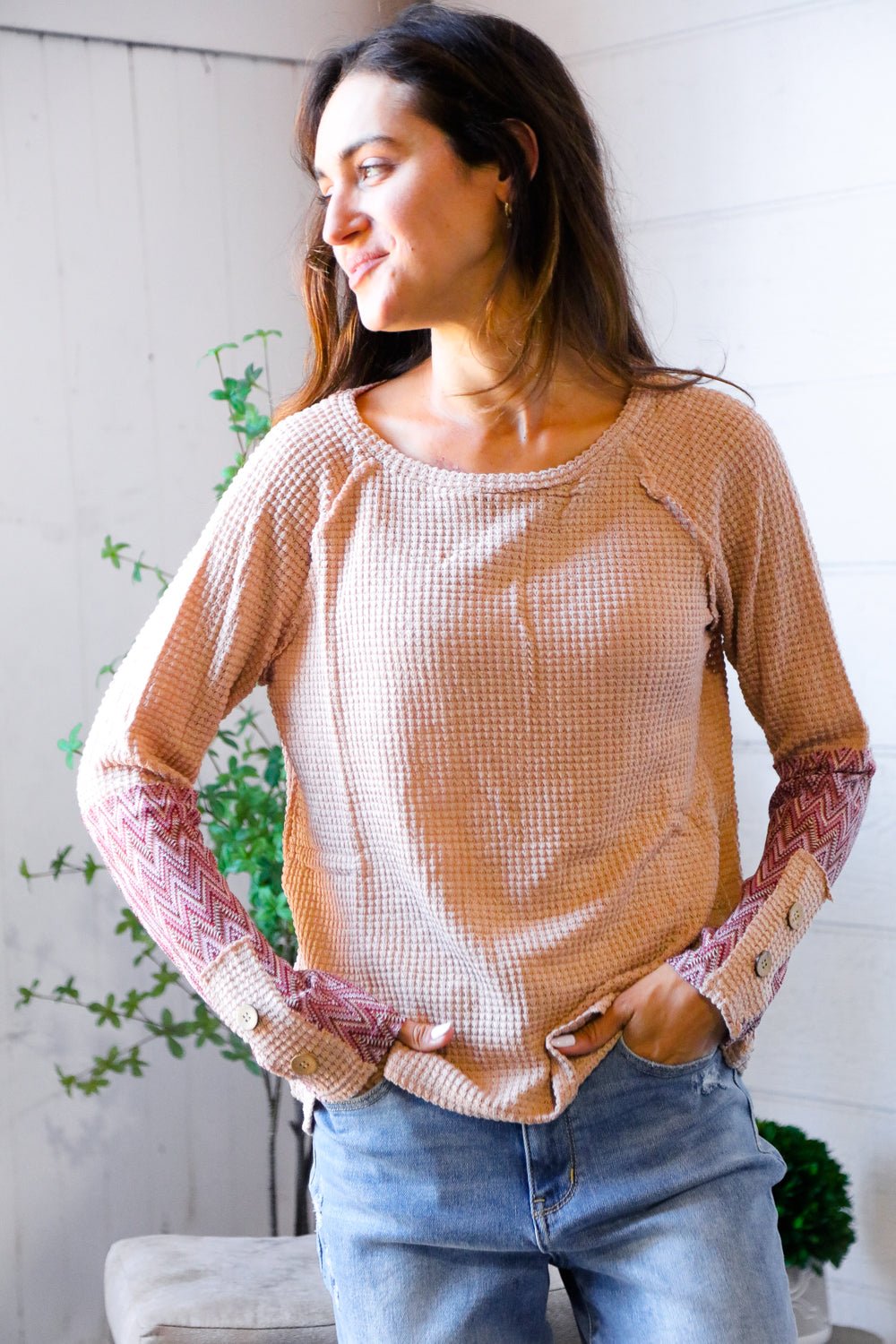 Zigzag Charm Blush Thermal Long Sleeve - Nikki and Co Boutique