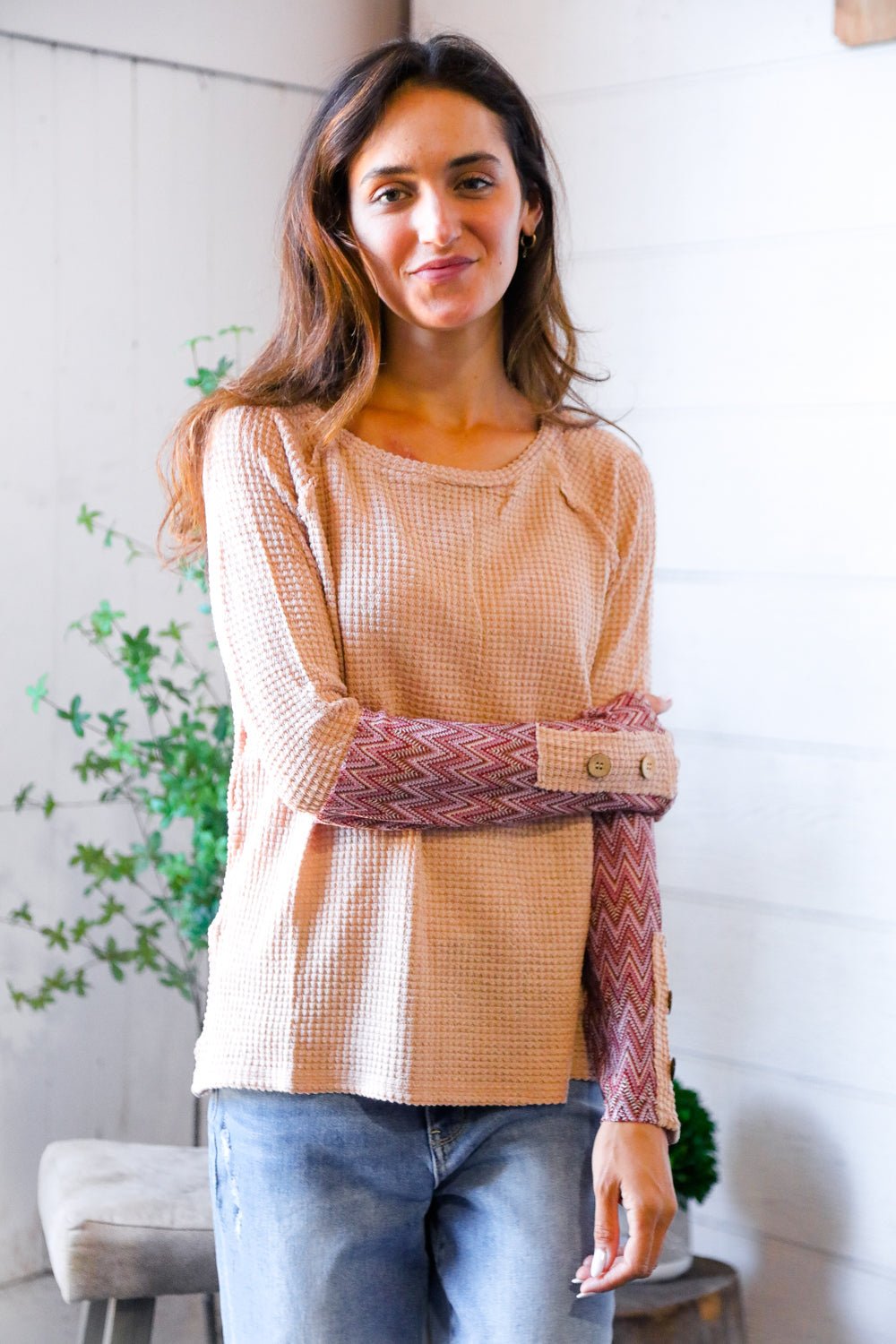 Zigzag Charm Blush Thermal Long Sleeve - Nikki and Co Boutique