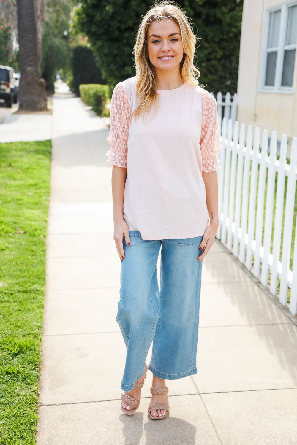 Adorable You Peach French Terry Lace Sleeve Tops - Nikki &amp; Co. Boutique