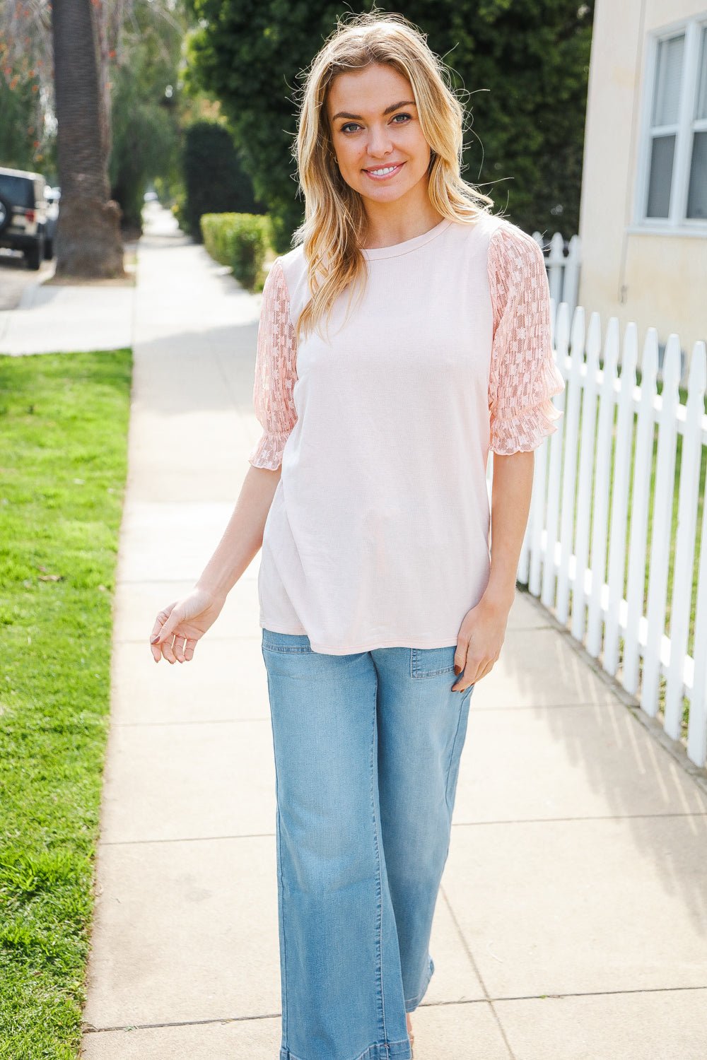 Adorable You Peach French Terry Lace Sleeve Tops - Nikki &amp; Co. Boutique