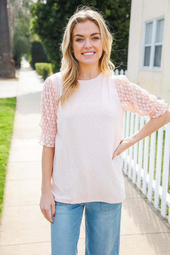 Adorable You Peach French Terry Lace Sleeve Tops - Nikki &amp; Co. Boutique