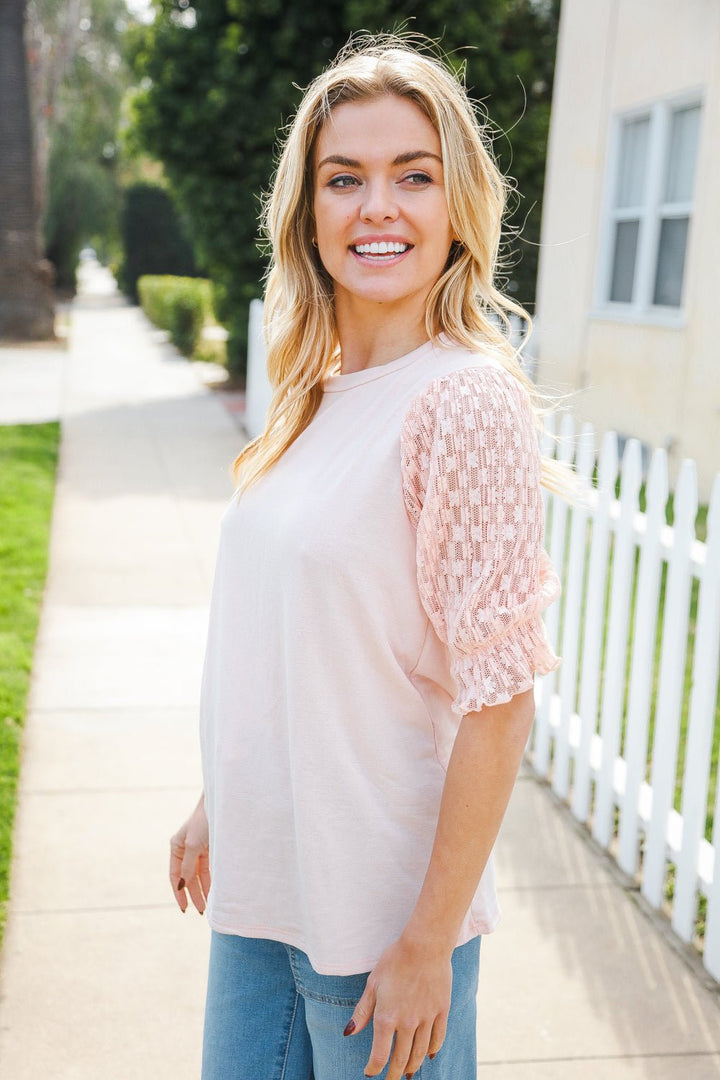 Adorable You Peach French Terry Lace Sleeve Tops - Nikki &amp; Co. Boutique