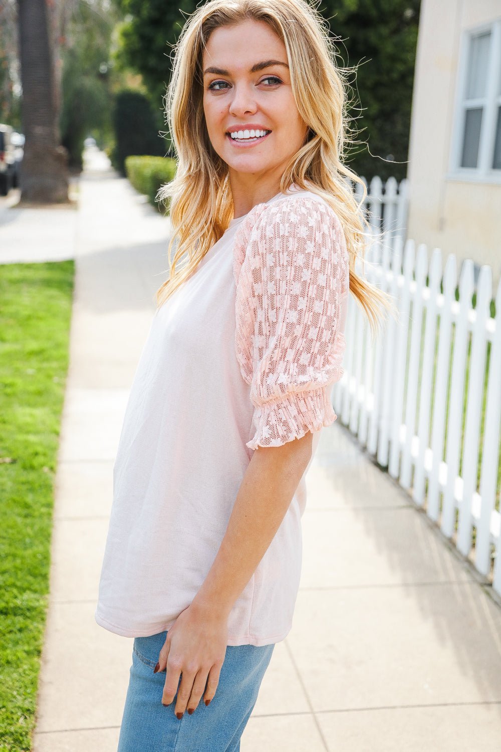Adorable You Peach French Terry Lace Sleeve Tops - Nikki &amp; Co. Boutique