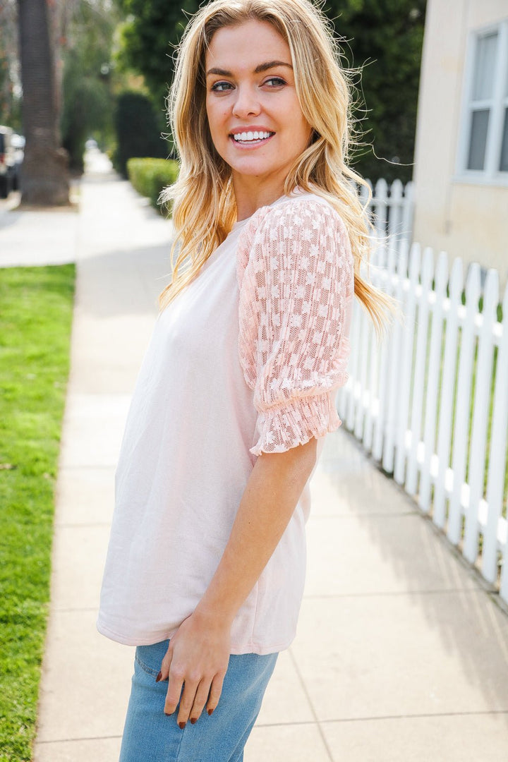 Adorable You Peach French Terry Lace Sleeve Tops - Nikki &amp; Co. Boutique