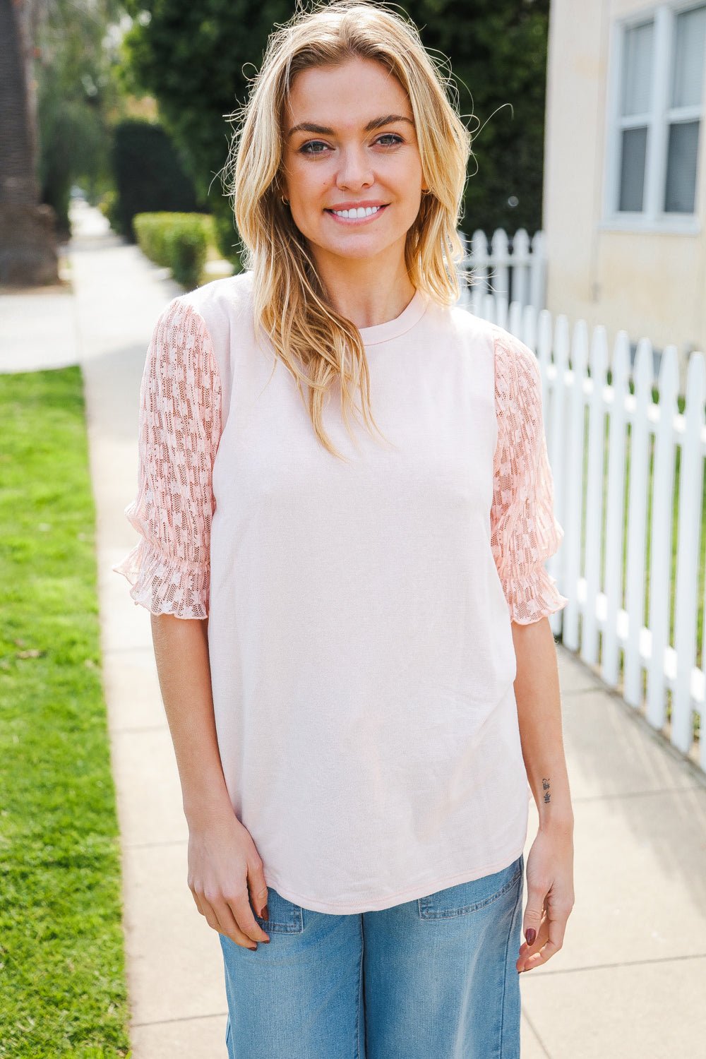 Adorable You Peach French Terry Lace Sleeve Tops - Nikki &amp; Co. Boutique