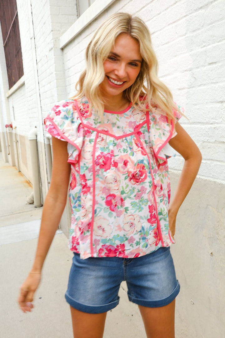 Southern Nights Pink Contrast Binding Floral Flutter Sleeve Tops - Nikki &amp; Co. Boutique